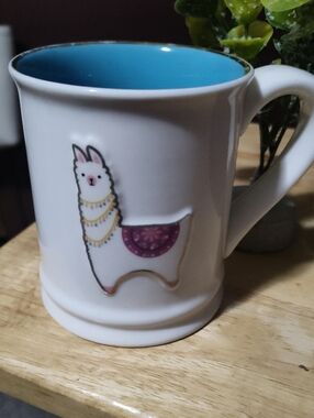 White Ceramic Mug with Llama Graphic and Blue Interior